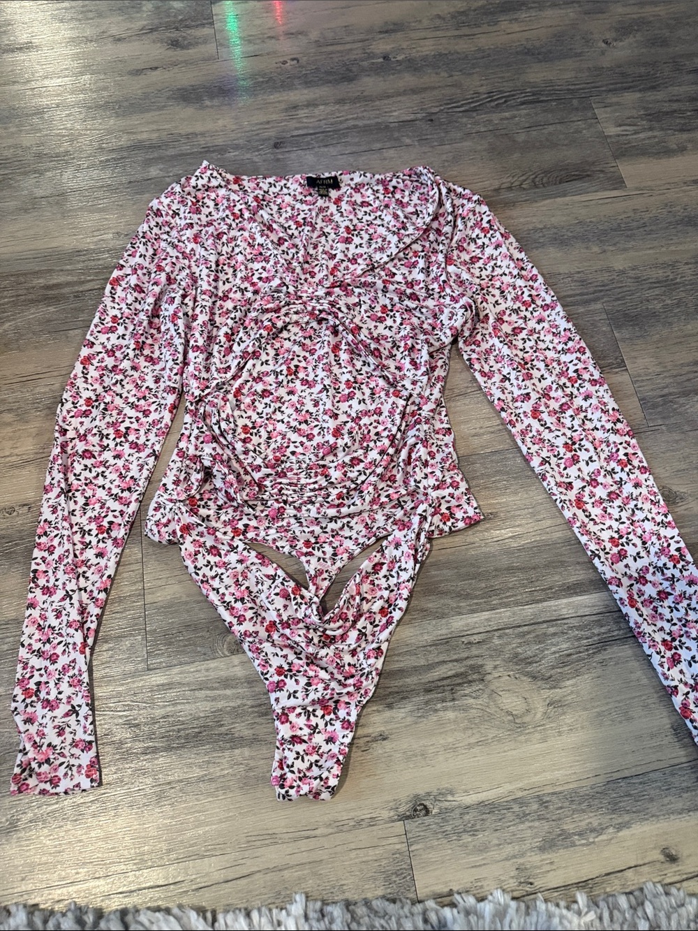 AFRM Pink Floral Long-Sleeve Wrap-Style Bodysuit